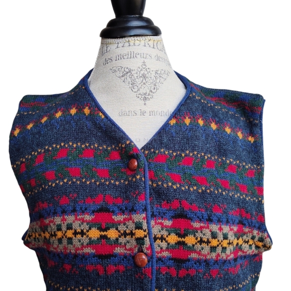 Woolrich Wool Sweater Vest Leather Buttons Made in Hong Kong Vintage Large - Picture 3 of 8